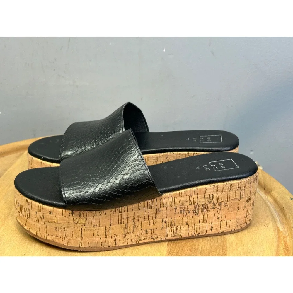 Shu Shop Platform Slides Womens 7.5‎ Black Milagros Snakeskin Cork Wedge Sandals
